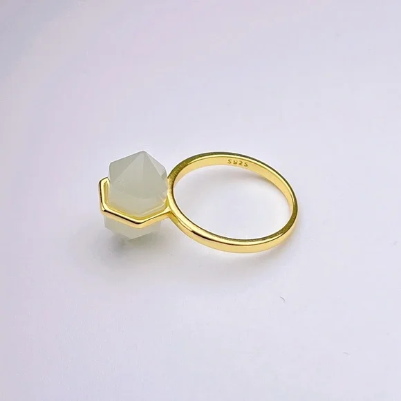Gold Plated Milky Quartz Obelisk Wand Double Point Ring S925 Sterling Silver - Picture 3 of 8